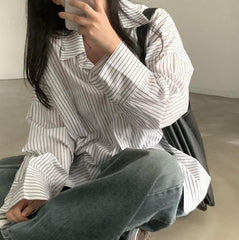 Vintage Striped Long Sleeve Oversized Casual Blouse