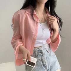 Solid Color Striped Crop Long Sleeve Blouse