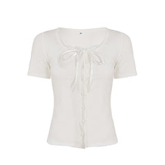 Lace Stitching Tied Square Collar Short Sleeve Tee