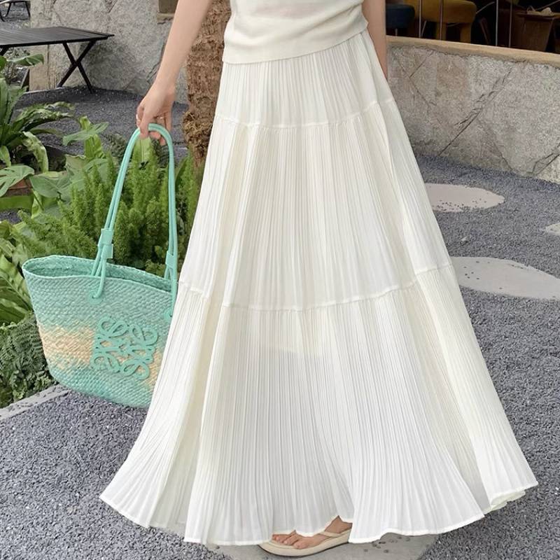 Fairy Solid Color Elastic Waist Maxi Skirt