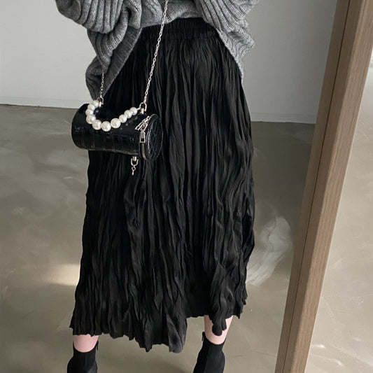 Vintage Crumpled Elastic Waist Midi Skirt