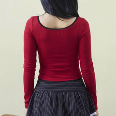Lace Trim Round Neck Bow Coquette Long Sleeve Tee