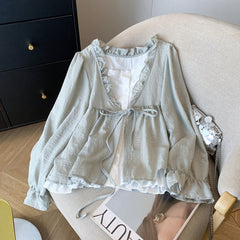 Aesthetic Patchwork Bow Tie Long Sleeve Blouse
