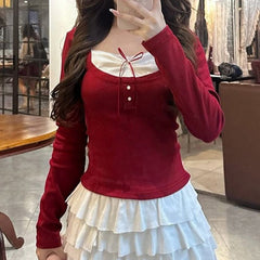 Fairy Lace Square Collar Bow Long Sleeve Tee
