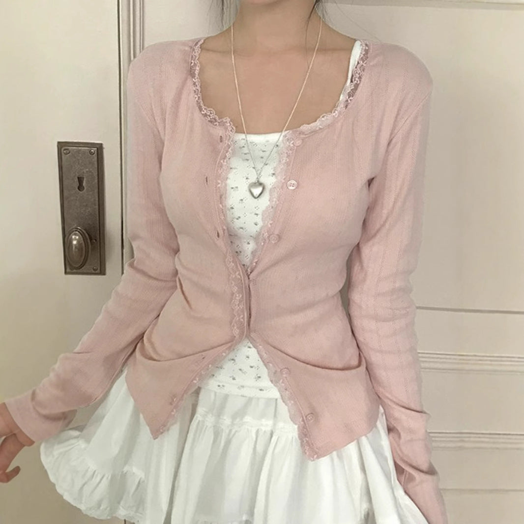 Lace Trim Long Sleeve Slim Button Knitted Tee