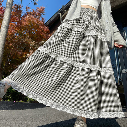 Aesthetic Checkered Print Ruffled Maxi Skirt