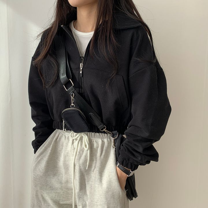 Solid Color Front Pocket Zip Up Jacket