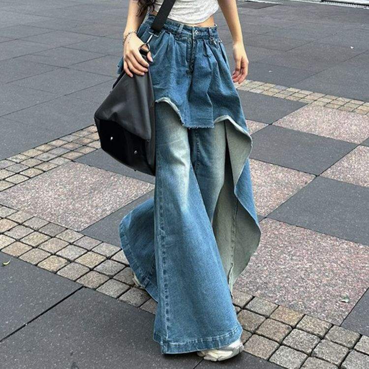 Vintage Fake-two-piece Slim Flare Jeans