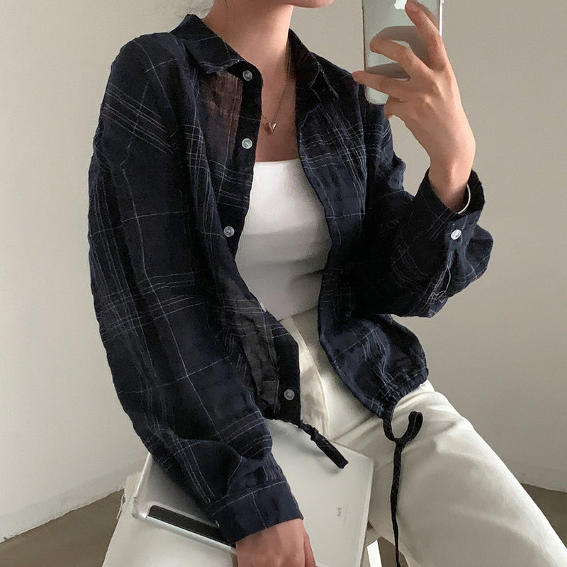 Vintage Plaid Print Crop Long Sleeve Blouse