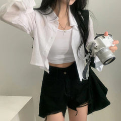 Solid Color Striped Crop Long Sleeve Blouse