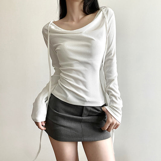 Solid Collar Neck Tie Long Sleeve Knitted Tee