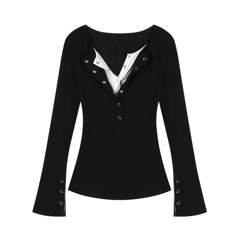 Solid Color Fake Two Pieces Long Sleeve Tee