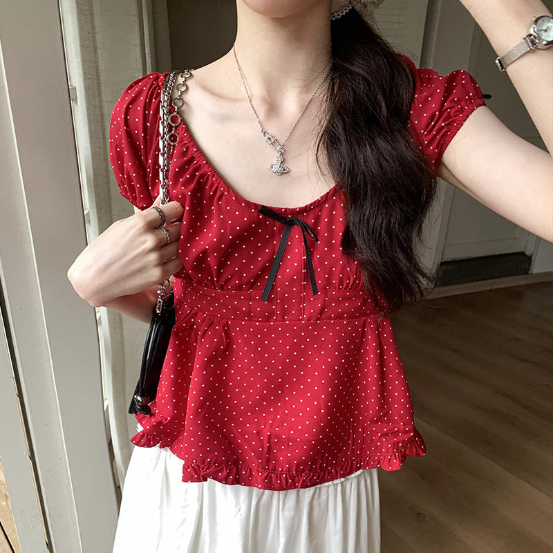 Polka Dot Print Aesthetic Bow Puff Short Sleeve Tee