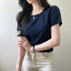 Square Collar Short Sleeve Knitted Tee