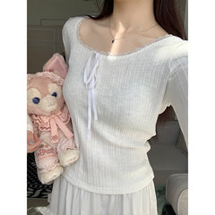 Lace Lacework Round-neck Slimming Inner Long Sleeve Top 3 Color