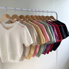 V-neck Solid Color Short Sleeve Knitted Tee