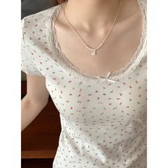 Lace Trim Round Neck Bow Floral Print Tee