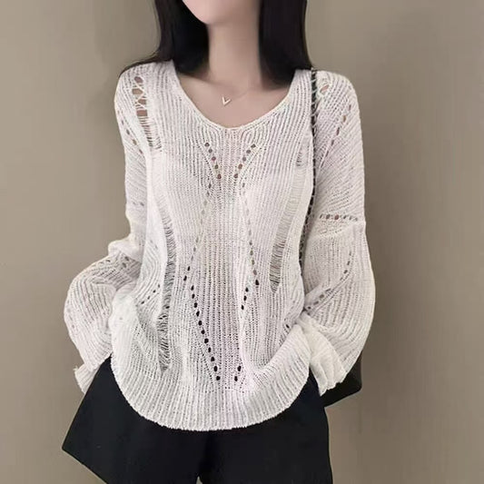Solid Color Thin Knitted Long Sleeve Tee