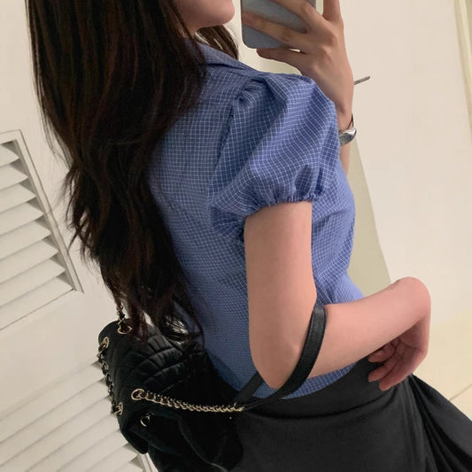 Checkered Print Puff Short Sleeve Blouse