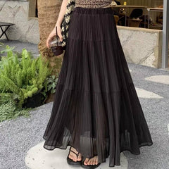 Fairy Solid Color Elastic Waist Maxi Skirt
