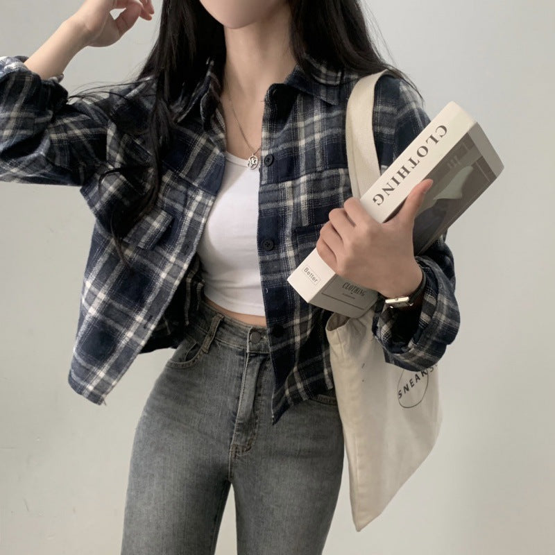 Plaid Print Crop Long Sleeve Blouse