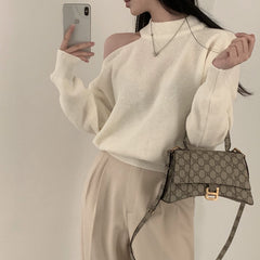 Crew Neck Hollow Out Shoulder Loose Sweater
