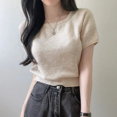 Square Collar Short Sleeve Knitted Tee
