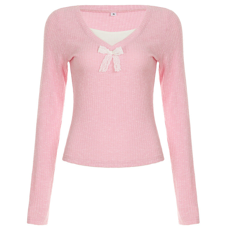 Patchwork Lace Bow Long Sleeve Knitted Tee