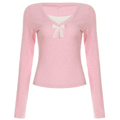 Patchwork Lace Bow Long Sleeve Knitted Tee