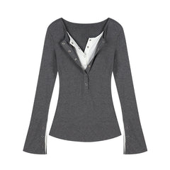 Solid Color Fake Two Pieces Long Sleeve Tee