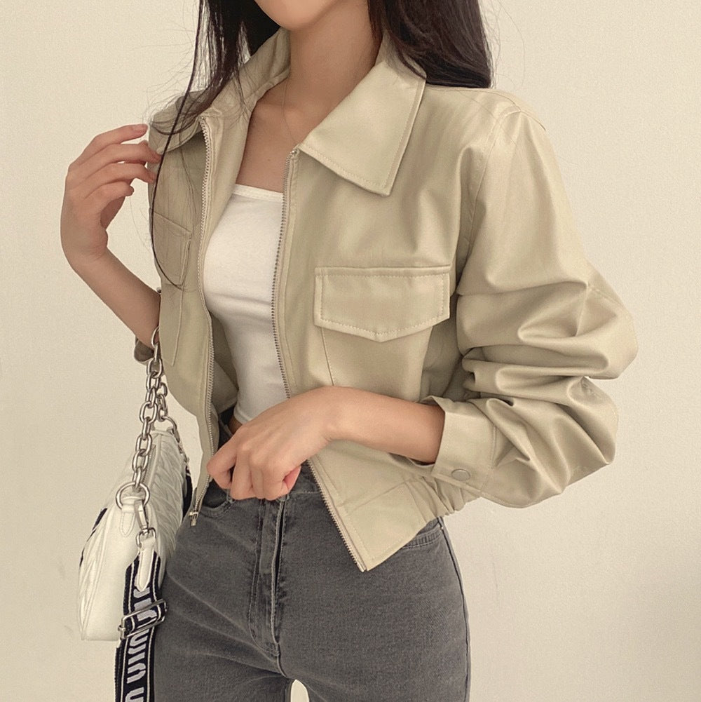 Collared Plain Faux Leather Zip Jacket