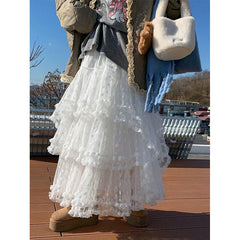 Fairy Lace Patchwork Ruffled Maxi Skirt