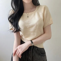 Square Collar Short Sleeve Knitted Tee