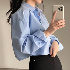 Solid Color Long Sleeve Crop Blouse