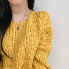 Solid Color Round Neck Knitted Crochet Sweater