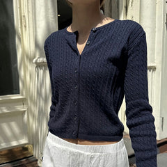 Solid Color Cable Knit Round Neck Cardigan