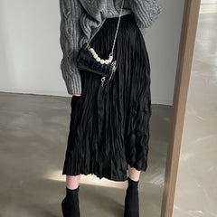 Vintage Crumpled Elastic Waist Midi Skirt