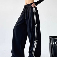 Side Striped Bow Tie Wide Leg Sweatpants