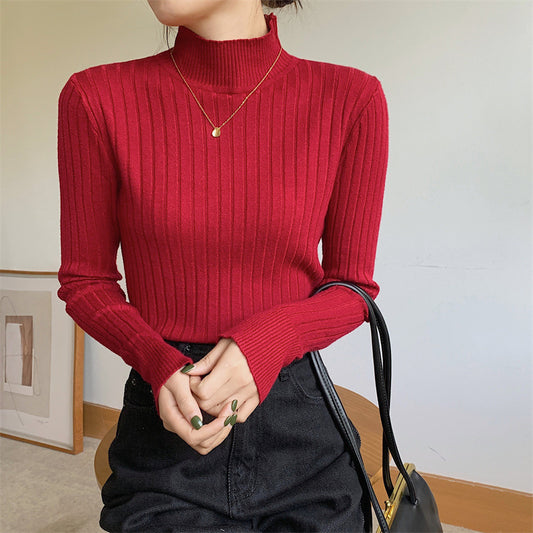 Half-high Collar Long Sleeves Knitted Tee