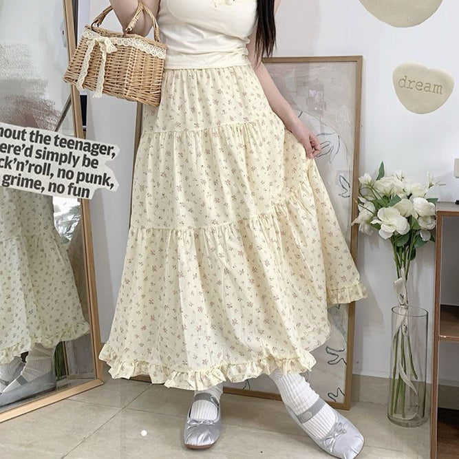 Aesthetic Floral Ruffled Maxi Skirt