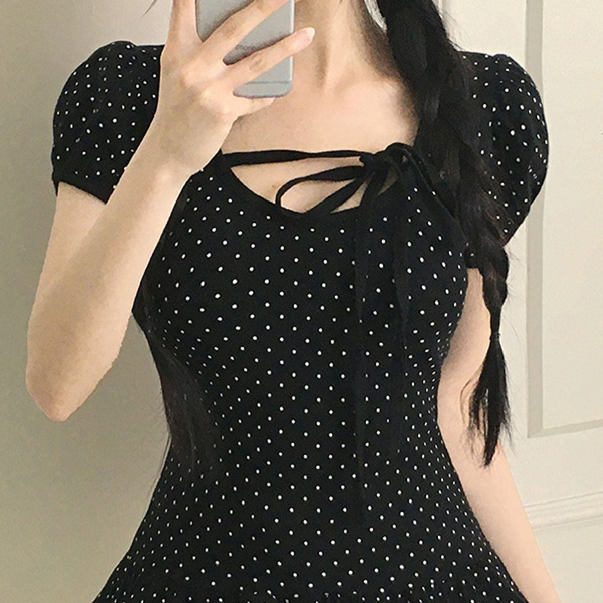 Polka Dot Print Front Tie Puff Short Sleeve Tee