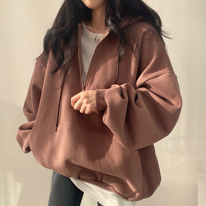 Solid Color Half Zip Up Oversized Hoodie - fairypeony