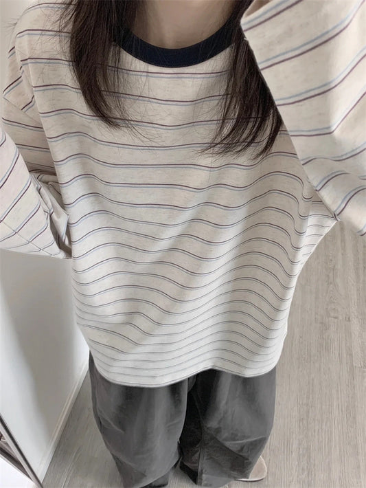Vintage Round Neck Striped Long Sleeve Tee