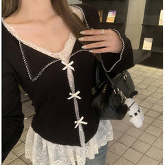 Aesthetic Lace Patchwork Bow Fake Two Piece Tee