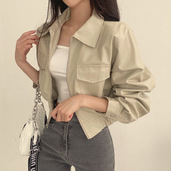 Collared Plain Faux Leather Zip Jacket