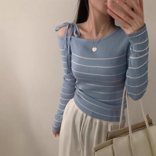 Off-shoulder Striped Long Sleeve Knitted Tee
