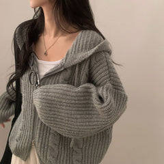 Solid Color Cable Knit Oversized Hooded Zipper Cardigan
