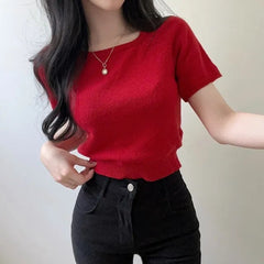 Square Collar Short Sleeve Knitted Tee