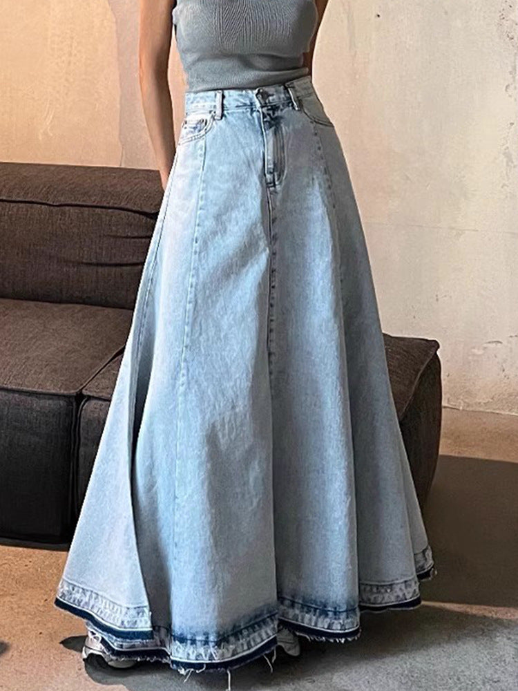 Vintage Light Wash Flared Maxi Skirt