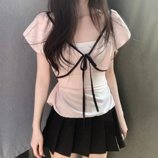 V-Neck Front Tie Coquette Short Sleeve Tee